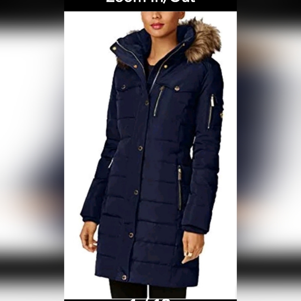 Michael Kors Down Puffer Coat Jacket w Faux Fur Trim Hood Navy Blue Size Small